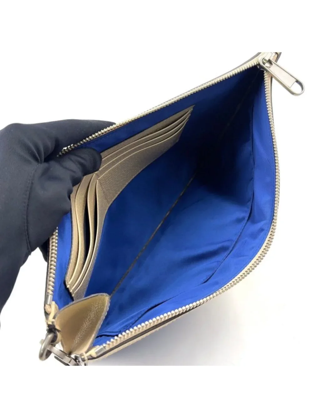 Gucci Off the Grid GG Pattern Leather Nylon Ivory Blue Clutch Silver